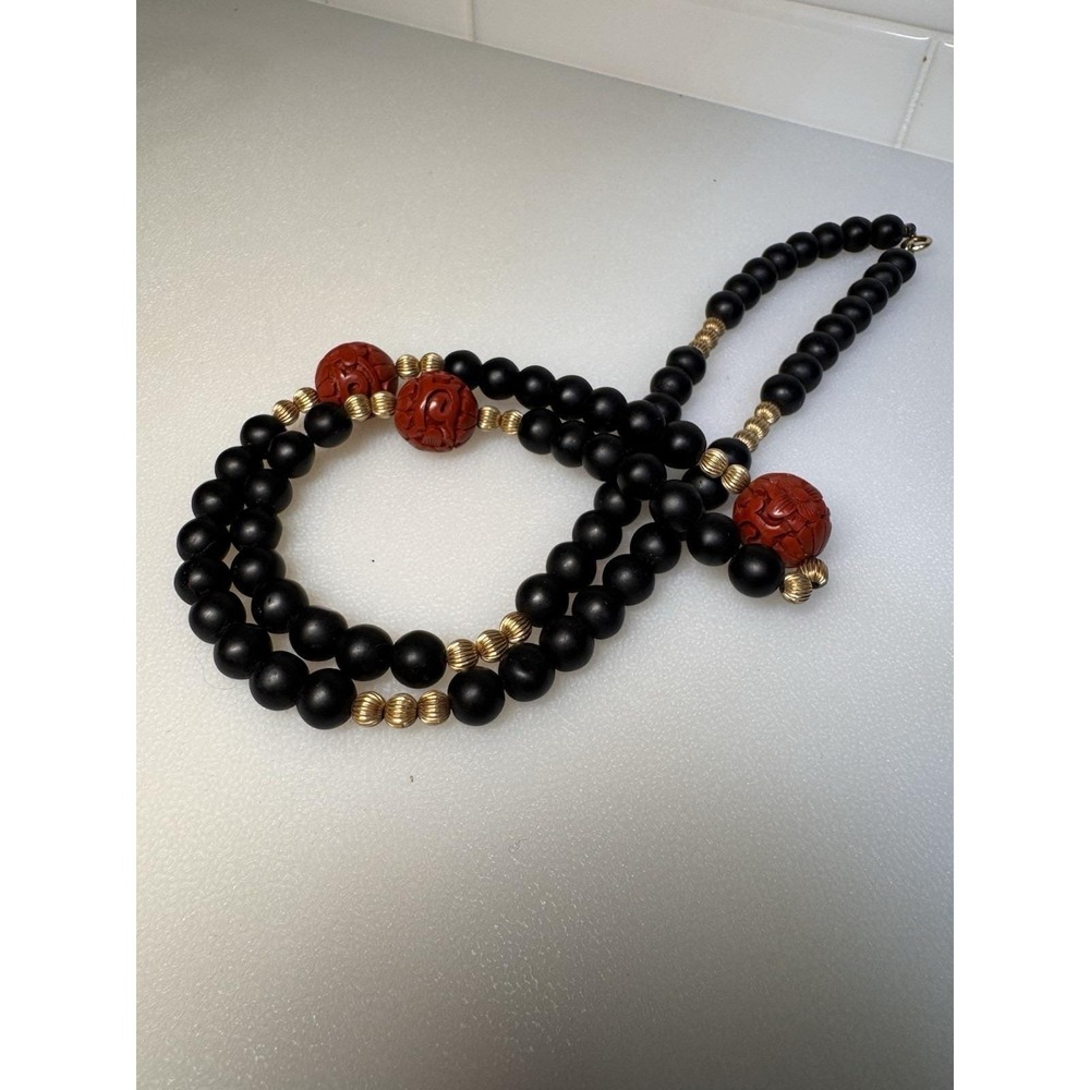 VTG Matte Onyx & Carved Red Cinnabar Necklace 27" Gold Filled Beads Bail/Clasp - Picture 3 of 10